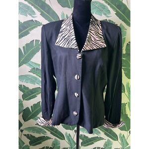 John Roberts Blazer Jacket Women 14 Black Zebra Print Collar